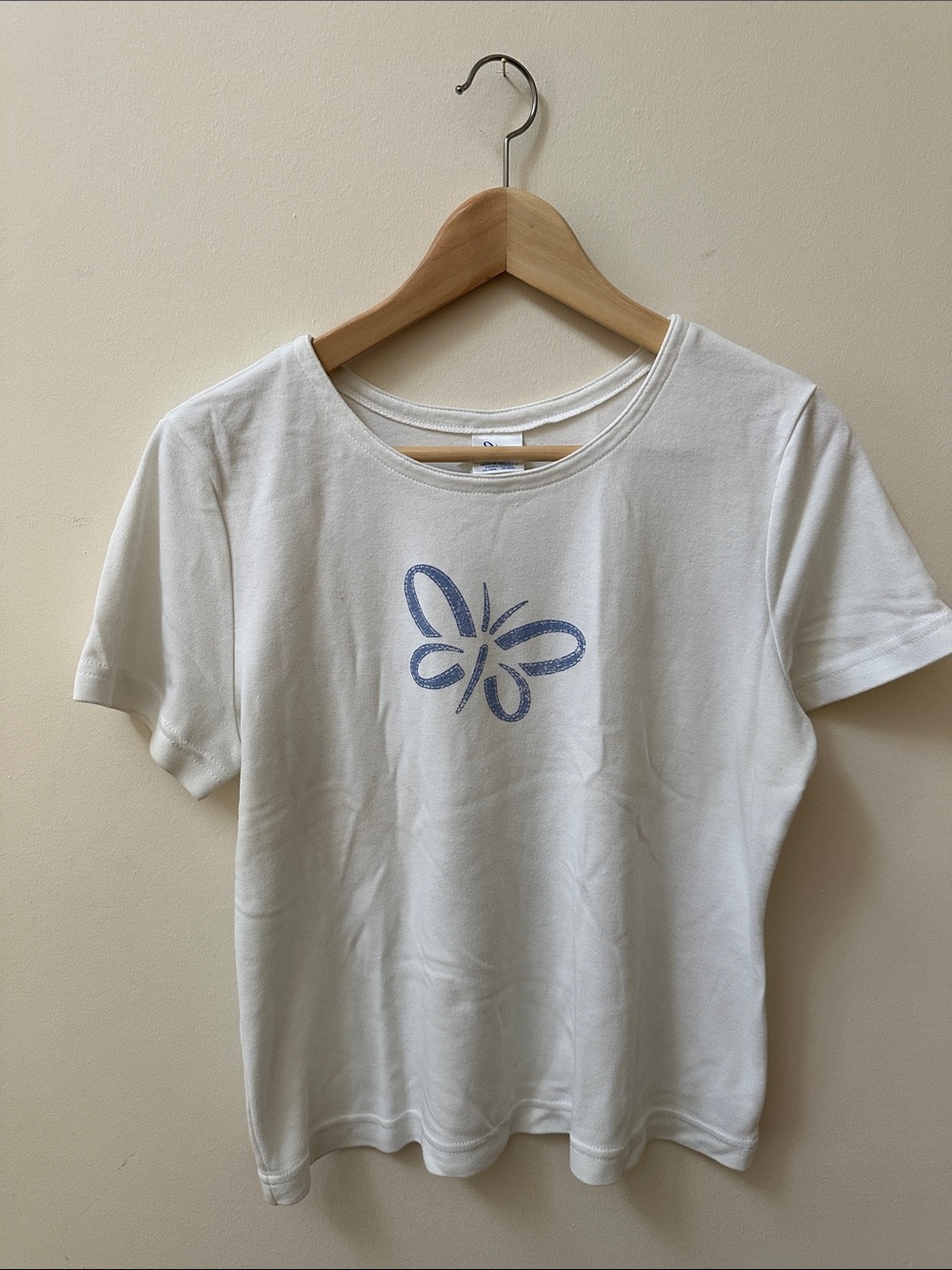 White Tee with Blue Butterfly Graphic y2k vintage